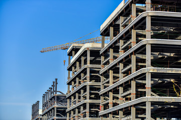 Close-up of Steel Frame under Construction in Blue Sky