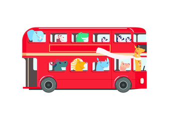 Cute african animals in red bus. Vector cartoon.