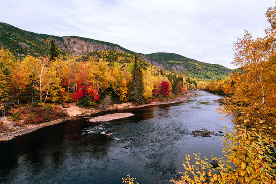 Empty road in the Regional Park of Hautes-Gorges of the Malbaie River at autumn time