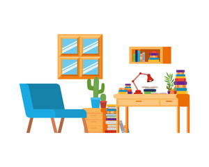 living room with sofa and desk with books