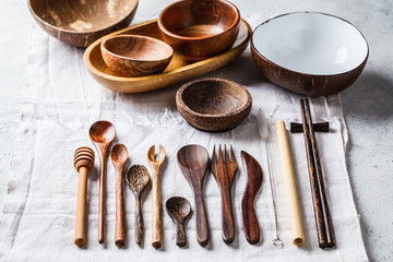 Eco friendly bamboo cutlery and dishes, zero waste concept. Plastic free concept.