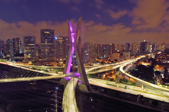 Estaiada's bridge night aerial view. São Paulo, Brazil. Business center. Financial Center. Great landscape. 