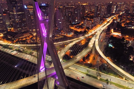 Estaiada's bridge night aerial view. São Paulo, Brazil. Business center. Financial Center. Great landscape. 