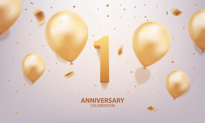 1st Year anniversary celebration background. 3D Golden number with confetti and balloons.