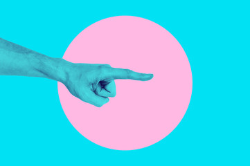 Isolated on blue background painted man hand photo on pink circle. Surrealistic collage style,...