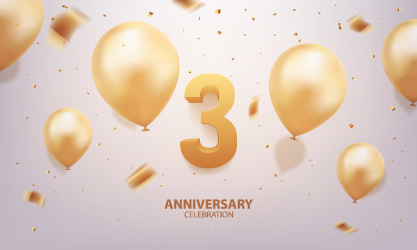 3rd Year anniversary celebration background. 3D Golden number with confetti and balloons.