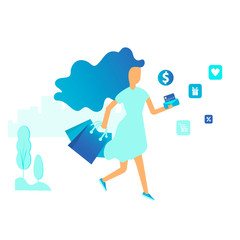 Landing page template for online Shopping with flat people characters and bags. Concept for website banner, mobile app templates, e commerce sales, digital marketing. Vector illustration