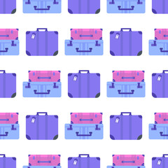 Seamless pattern of different types of baggage, luggage, suitcase on white background. Flat style vector illustration. Set of tourism and traveling icons with voyage packing and handbag