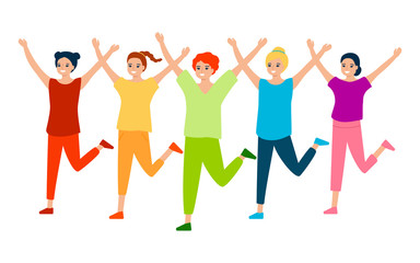 Beautiful happy women train, play sports, dance. Sports group warm-up, dance training, zumba, fitness, gym, health training. Healthy lifestyle. Vector illustration on white background.