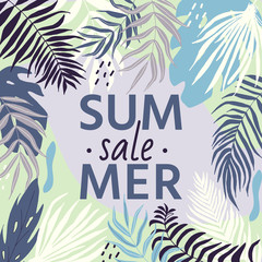Sale banner with tropical leaves, poster with palm tree, jungle leaf and lettering. Floral tropical summer background design for social media promotional content. Vector illustration