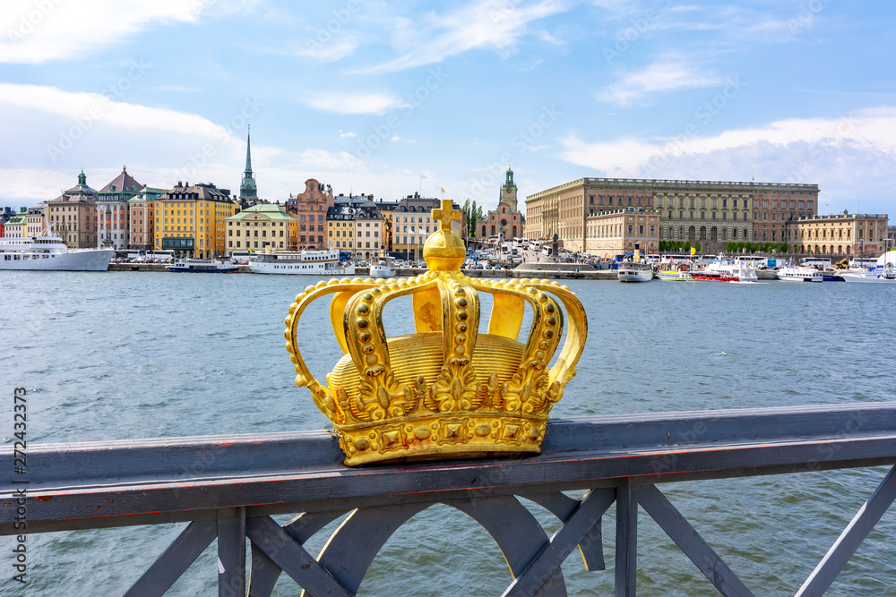 Wall mural Stockholm old town cityscape with Royal palace and Royal crown, Sweden