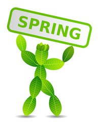 Cute figure made of leaves and label text spring