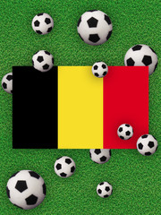 Football, soccer 2020. Belgium, flag with football balls on a grass background. Championship in Europe. 3D illustration.