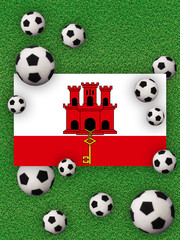 Football, soccer 2020. Gibraltar, flag with football balls on a grass background. Championship in Europe. 3D illustration.
