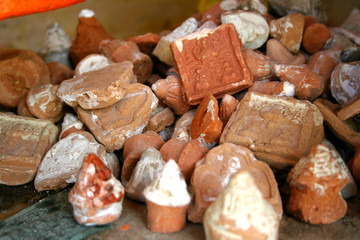 Buddhist prayer stones in Tibetan monastery