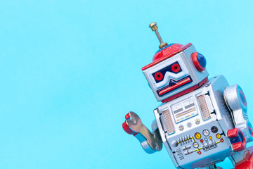 Lamas personalizadas con tu foto Antique tin toy robot on blue background. Vintage and classic concept free copy space for text.