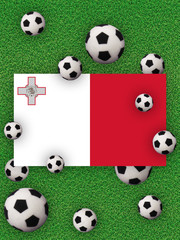 Football, soccer 2020. Malta, flag with football balls on a grass background. Championship in Europe. 3D illustration.