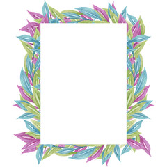 Fototapeta na wymiar Rectangular tropical frame in watercolor style. Bright color tropical frame with blue, green, purple leaves