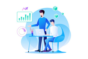 Businessman teamwork is working on analytics of marketing and their product with graph, information and data analysis. flat character design illustration
