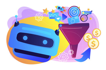 Marketing funnel, lead generation, SMM strategy. AI-powered marketing tools, AI e-commerce search, AI customer recommendations concept. Bright vibrant violet vector isolated illustration