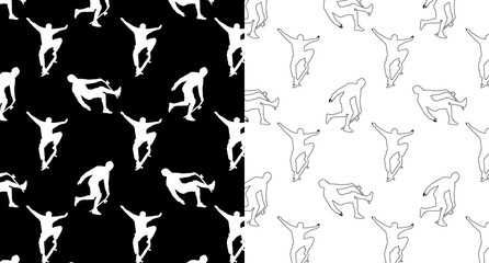 Set of seamless patterns with silhouettes and outline skateboarders on a black and white background. Skateboarding trick ollie, young guy riding a skateboard. Extreme sport vector illustration.