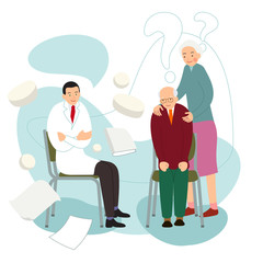 Old patients. Older people on visit to doctor. Professional consults man with sick heart and woman with sore head. Healthcare assistance. Flat design. Cartoon illustration isolated white background