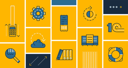Accounts department icons set in trendy line style for infographic and app design about terminal point sale, online accounting. Vector linear badges of bookkeeping for Russian market — 1C icon.