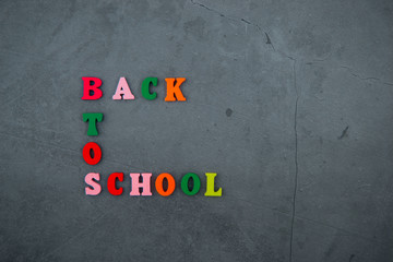 Fototapeta na wymiar The multicolored back to school word is made of wooden letters on a grey plastered wall background.