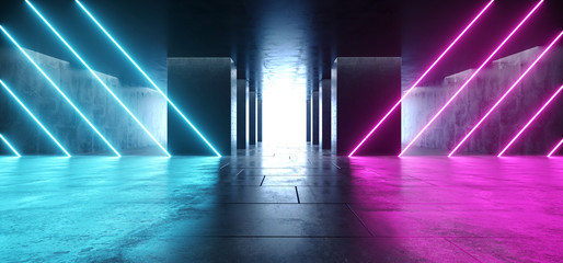 Neon Glowing Line Shaped Lasers Purple Blue Modern Futuristic Sci Fi Concrete Grunge Reflective Tiled Floor Columns Hallway Garage Underground White Glow Asphalt Room Gallery Elegant 3D Rendering