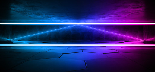 Future Dark Sci Fi Underground Neon Glowing Laser Blue Purple Lights  Garage Tunnel Studio Asphalt Reflective Tiled Floor Hall Windows Empty Corridor 3D Rendering