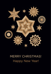 Christmas celebration. New Year invitation card for the party. Vector template for greeting card with text. Golden geometric snowflakes and stars on a black background