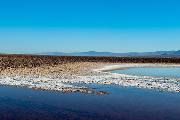 The Lagunas Escondidas (hidden altiplanic lagoons) of Baltinache : salt lakes in Salar of Atacama desert, Chile