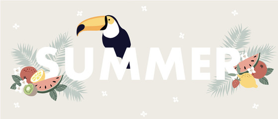 Cute Summer web banner with toucan bird, exotic fruit, flowers and palm leaves. Seasonal greeting card, invitation. Floral background. Vector illustration, flat design.