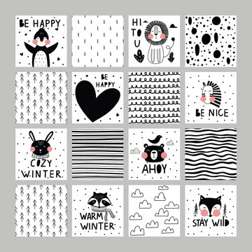 Big set of cute cards. Including penguin, zebra, raccoon, fox, rabbit and bear.Vector illustrations for invitations, greeting cards, posters.