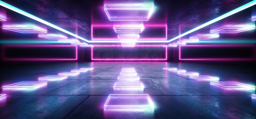 Sci Fi Neon Lights Concrete Grunge Corridor Hall Gallery Studio Vibrant Rectangle Shaped Frame Light Lasers Empty Space Glowing Purple Blue Tiled Floor Virtual Future 3D Rendering