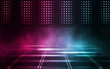 Empty background scene. Dark street reflection on wet asphalt. Rays of neon light in the dark, neon...