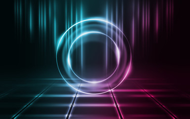 Empty background scene. Dark street reflection on wet asphalt. Rays of neon light in the dark, neon figures, smoke. Background of empty stage show. Abstract dark background.