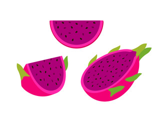 cut half and sliced red dragon fruit, Summer tropical fruit, cartoon flat icon, vector illustration sketch isolated on white background