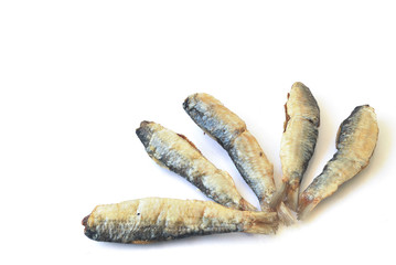 Fried salted fish on white background.(with Clipping Path).