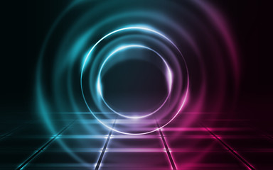 Empty background scene. Dark street reflection on wet asphalt. Rays of neon light in the dark, neon figures, smoke. Background of empty stage show. Abstract dark background.