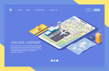 Isometric vector illustration of ordering a taxi to the airport via the mobile application