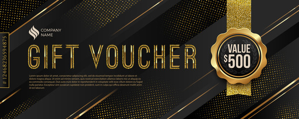 Gift voucher template with glitter gold elements. Vector illustration. Design for invitation, certificate, gift coupon, ticket, voucher, diploma etc.