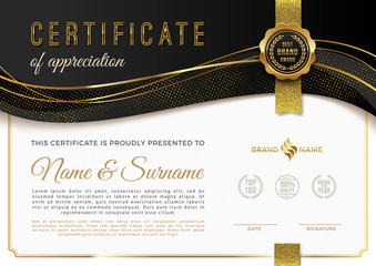 Certificate template with luxury golden elements. Diploma template design. Vector illustration.