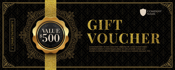 Gift voucher template with glitter gold luxury elements. Vector illustration. Design for invitation, certificate, gift coupon, ticket, voucher, diploma etc. - obrazy, fototapety, plakaty
