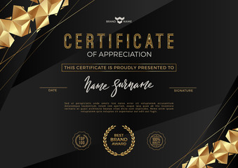 Certificate template with luxury golden elements. Diploma template design. Vector illustration.