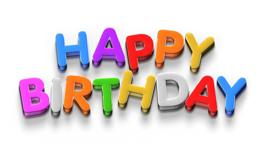 Happy Birthday 3D rendering on white background.