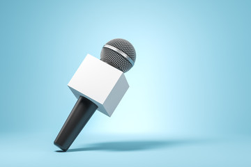Black microphone with blank box on the blue background. News concept. 3 - obrazy, fototapety, plakaty