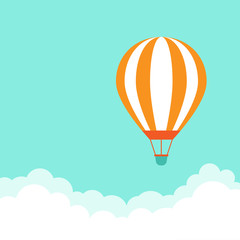 orange hot air balloon flying in the blue sky with clouds. Flat cartoon