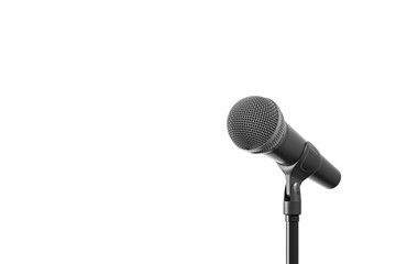 Black microphone with stand isolated over white background. Front view. Concert and karaoke concept.