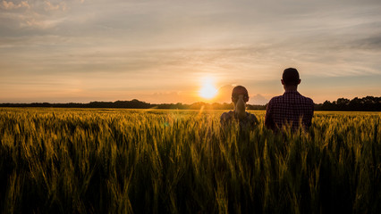 Two farmers, a man and a woman, are looking forward to the sunset over a field of wheat. Teamwork...